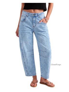 High Waisted Barrel Jeans Cropped Baggy Stretch Denim Pockets